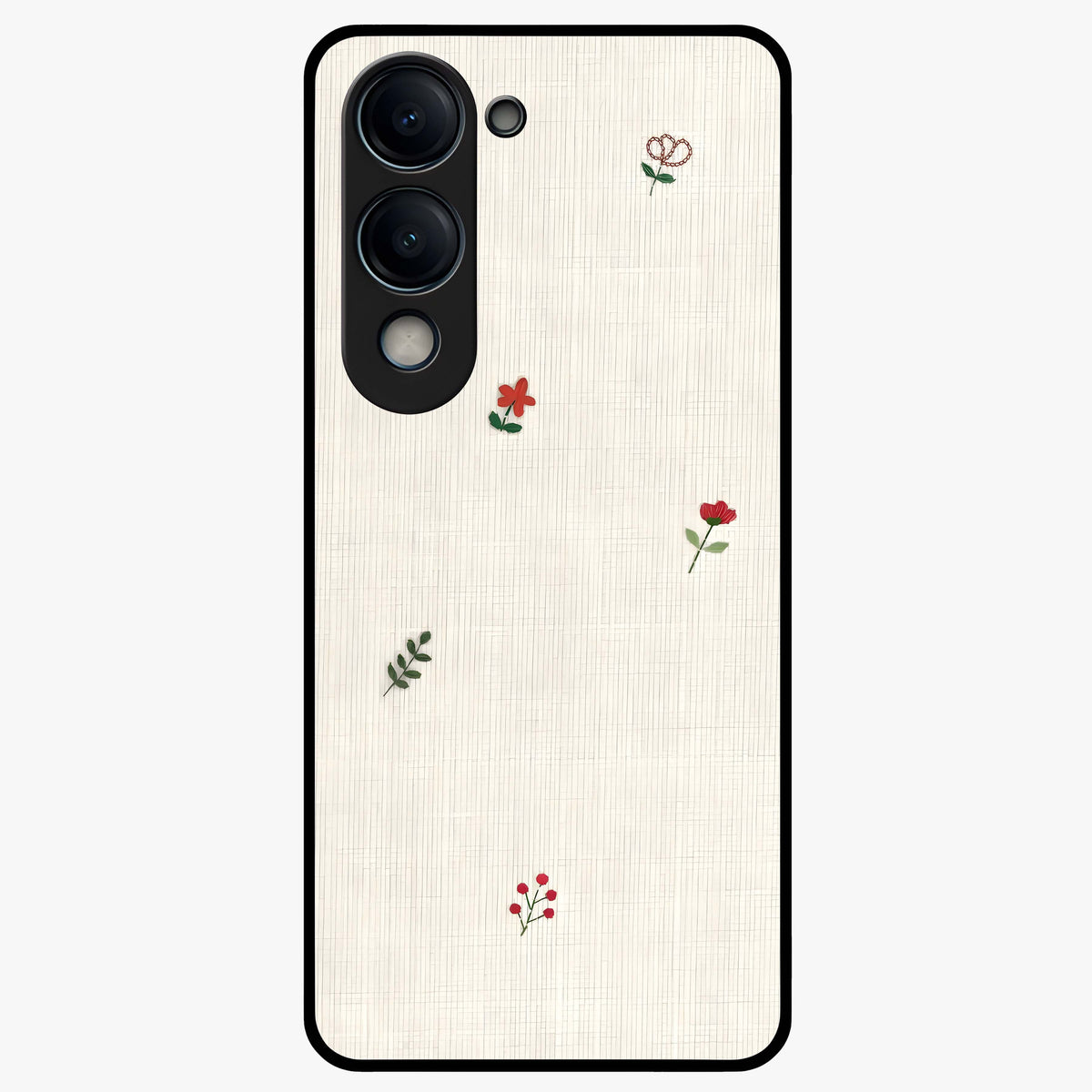 Minimal Petal Whispers Glass Case showing flat back view with soft minimal floral artwork and glossy glass finish.