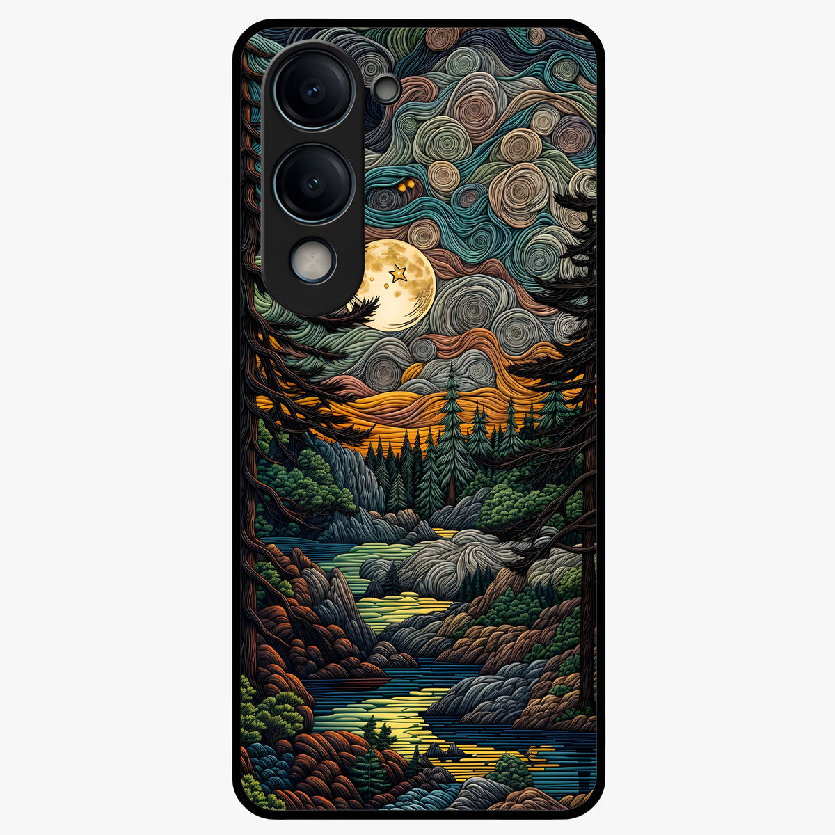 Moonlight Forest Dream Glass Case showing flat back view with mystical forest moonlight artwork and glossy glass finish.