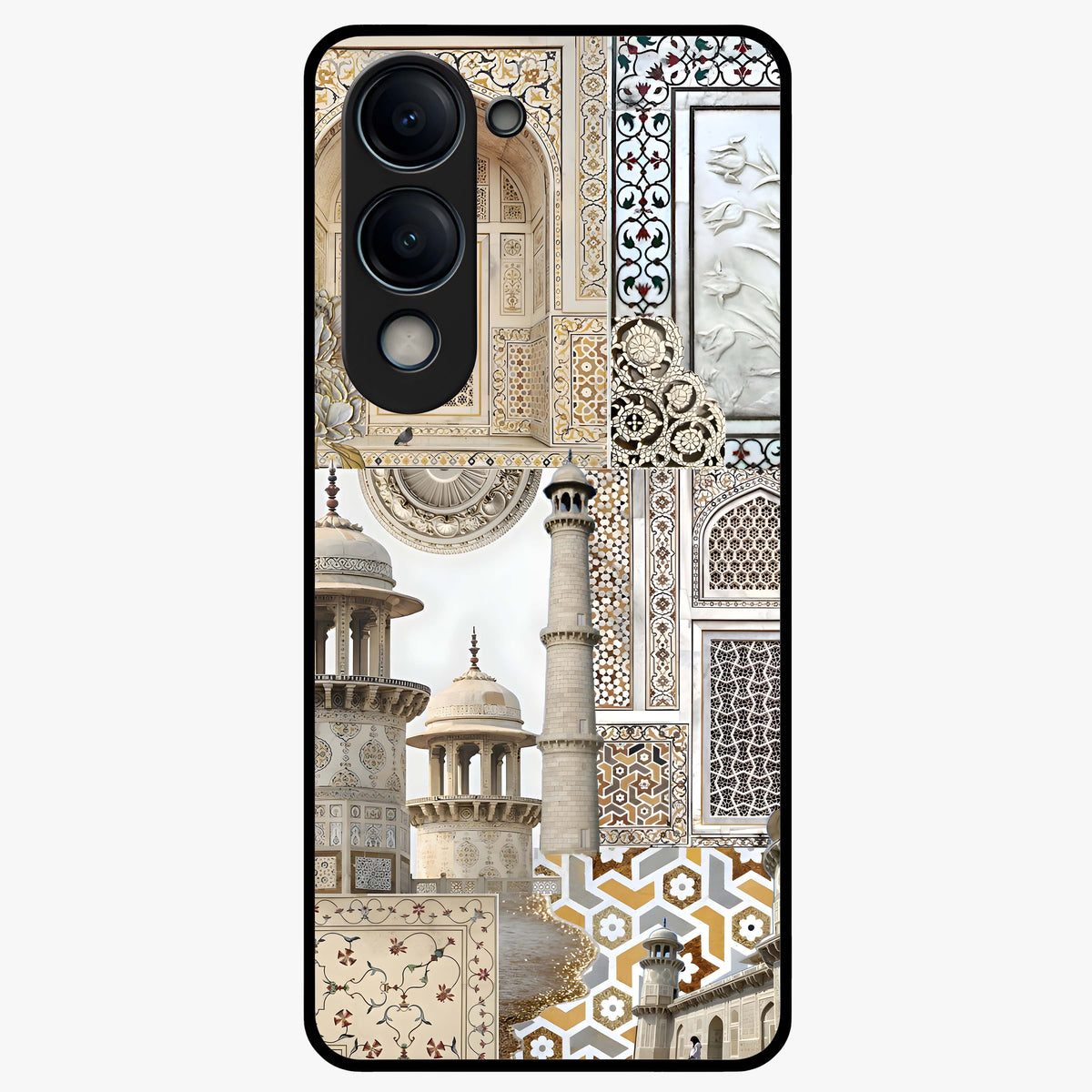 Mughal Marble Legacy Glass Case showing flat back view with intricate Mughal inspired marble pattern and glossy glass finish.