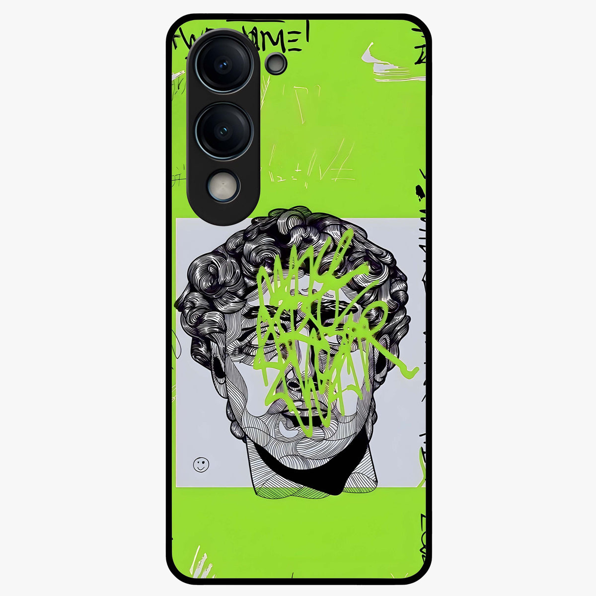 Neo Graffiti Rebellion Glass Case showing flat back view with vibrant graffiti artwork and glossy glass finish.