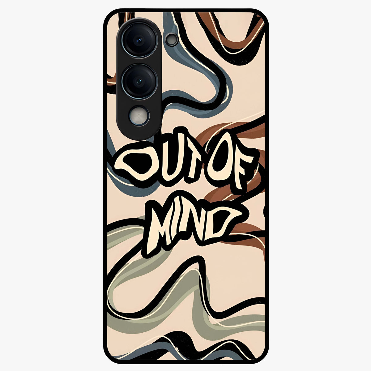 Out Of Mind Glass Case showing flat back view with expressive typography artwork and glossy glass finish.