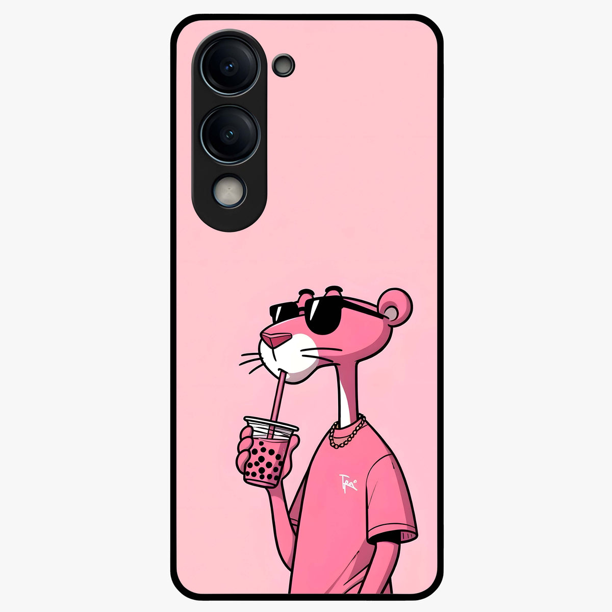 Pink Panther Glass Case showing flat back view with iconic pink panther artwork and glossy glass finish.