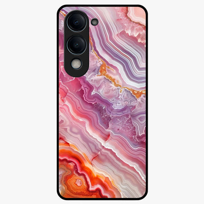 Rose Quartz Marble Glass Case showing flat back view with pink marble quartz texture artwork and glossy glass finish.
