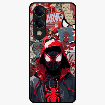 Spider Collage Street Glass Case showing flat back view with vibrant superhero collage artwork and glossy glass finish.