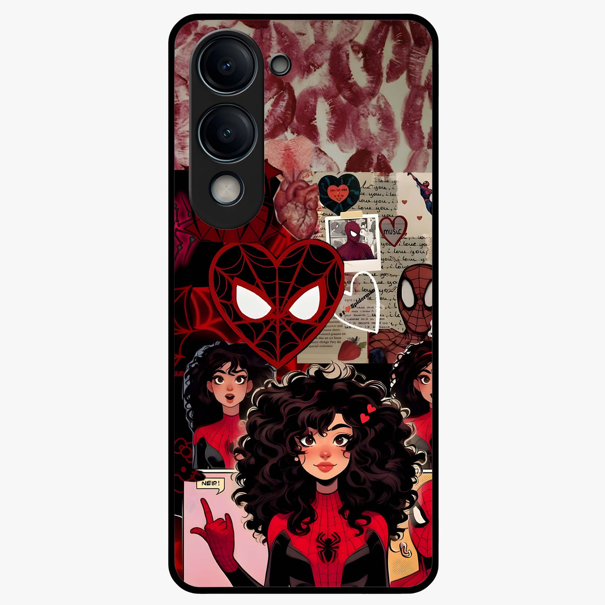 Spider Love Story Glass Case showing flat back view with romantic superhero themed artwork and glossy glass finish.