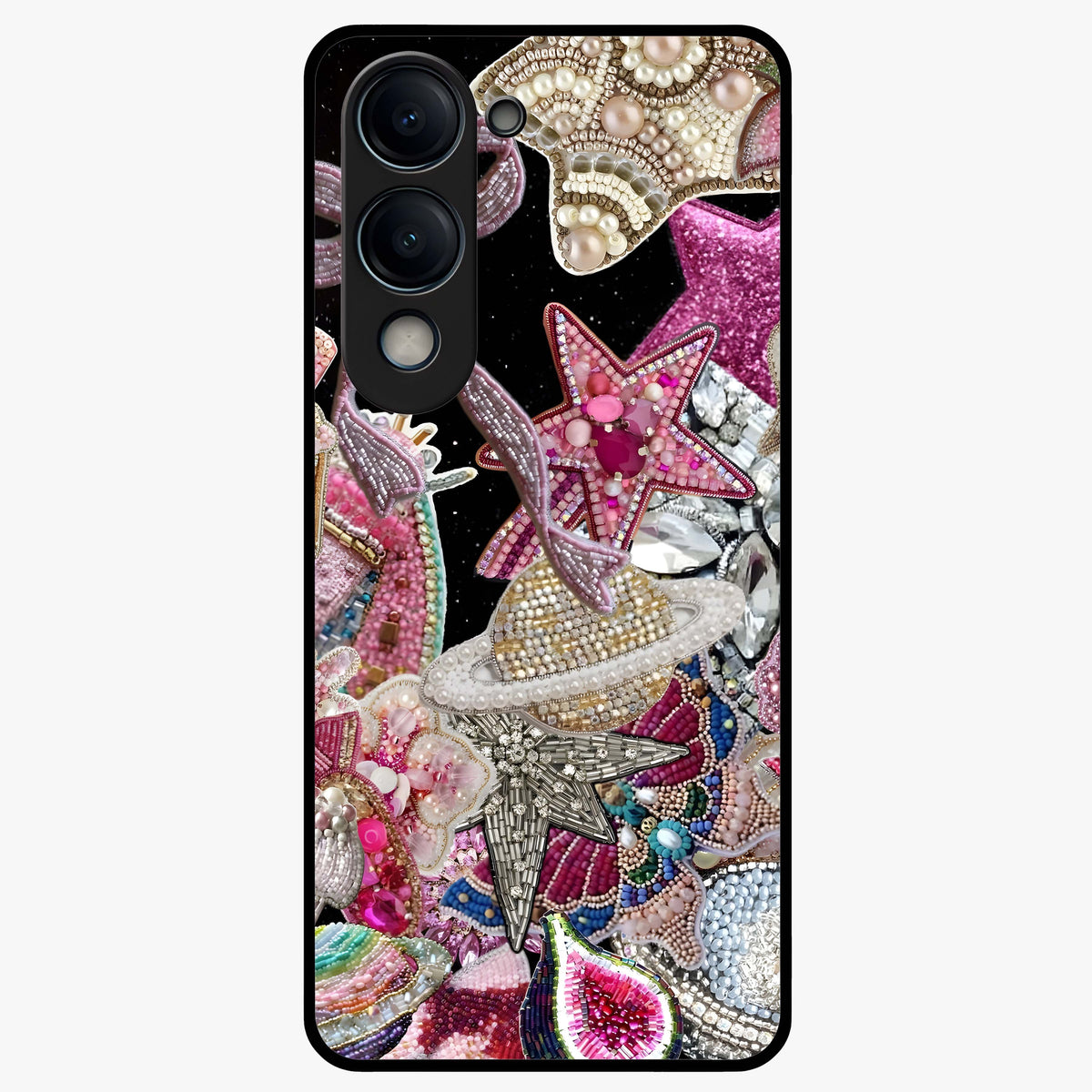 Starlit Jewel Dream Glass Case showing flat back view with sparkling jewel and star themed artwork and glossy glass finish.