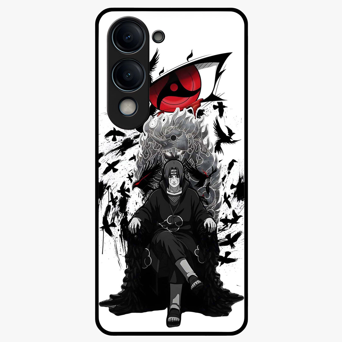 Uchiha Shadow Throne Glass Case showing flat back view with cosmic underwater themed artwork and glossy glass finish.