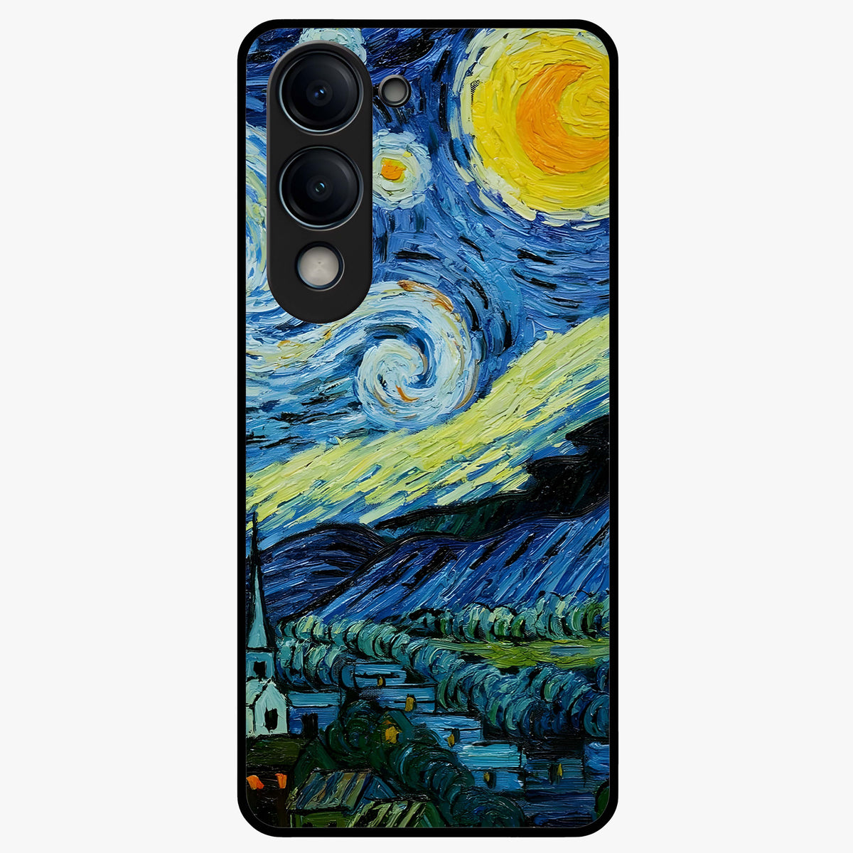 Van Gogh Art Glass Case showing flat back view with classic painterly artwork inspired by Van Gogh style and glossy glass finish.