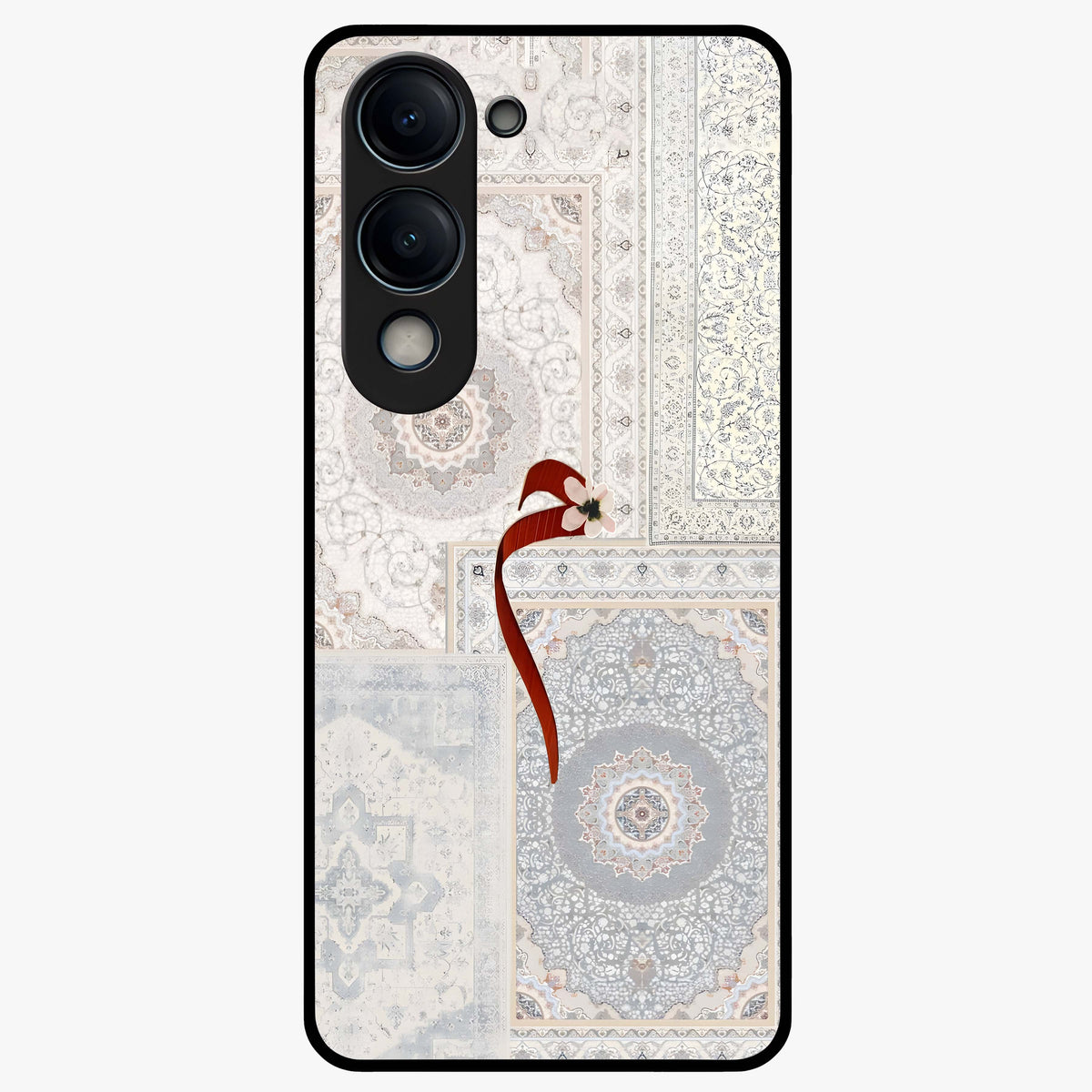 White Aesthetic Bow Glass Case showing flat back view with minimal bow artwork and glossy glass finish.