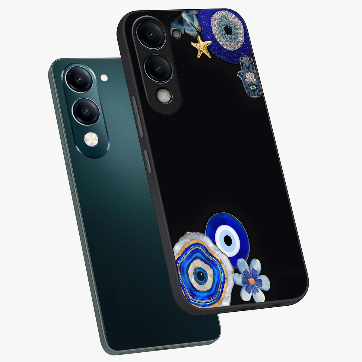 Aesthetic Blue Evil Eye Glass Case displayed in angled mockup highlighting blue evil eye symbol and spiritual aesthetic design.