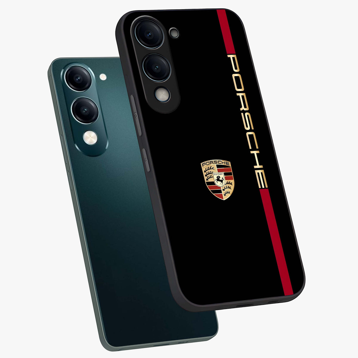 Black Minimal Porsche Glass Case displayed in angled mockup highlighting modern minimal car illustration and clean aesthetic design.