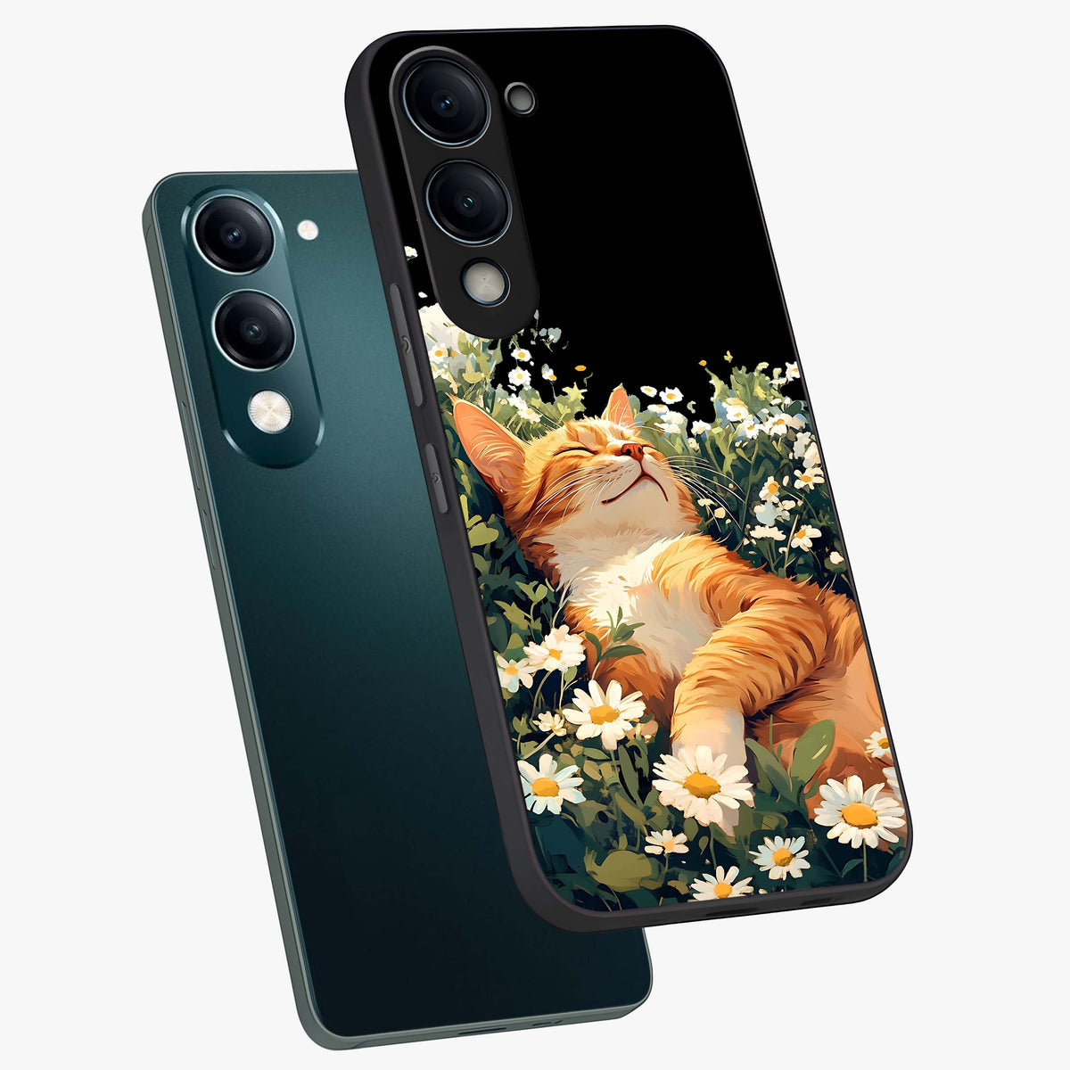 Blissful Bloom Cat Glass Case displayed in angled mockup highlighting playful feline illustration with soft floral aesthetic.