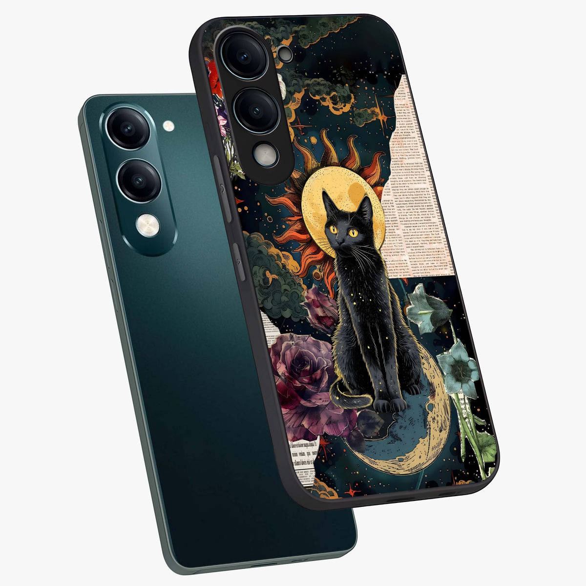 Celestial Black Cat Glass Case displayed in angled mockup highlighting cosmic black cat design with celestial aesthetic.