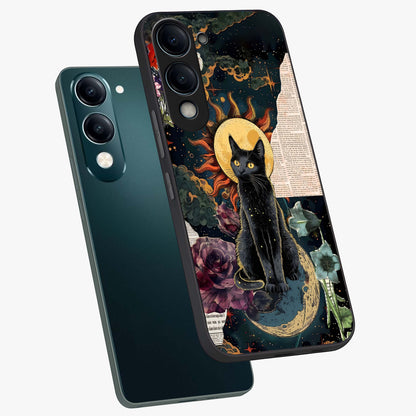 Celestial Black Cat Glass Case displayed in angled mockup highlighting cosmic black cat design with celestial aesthetic.