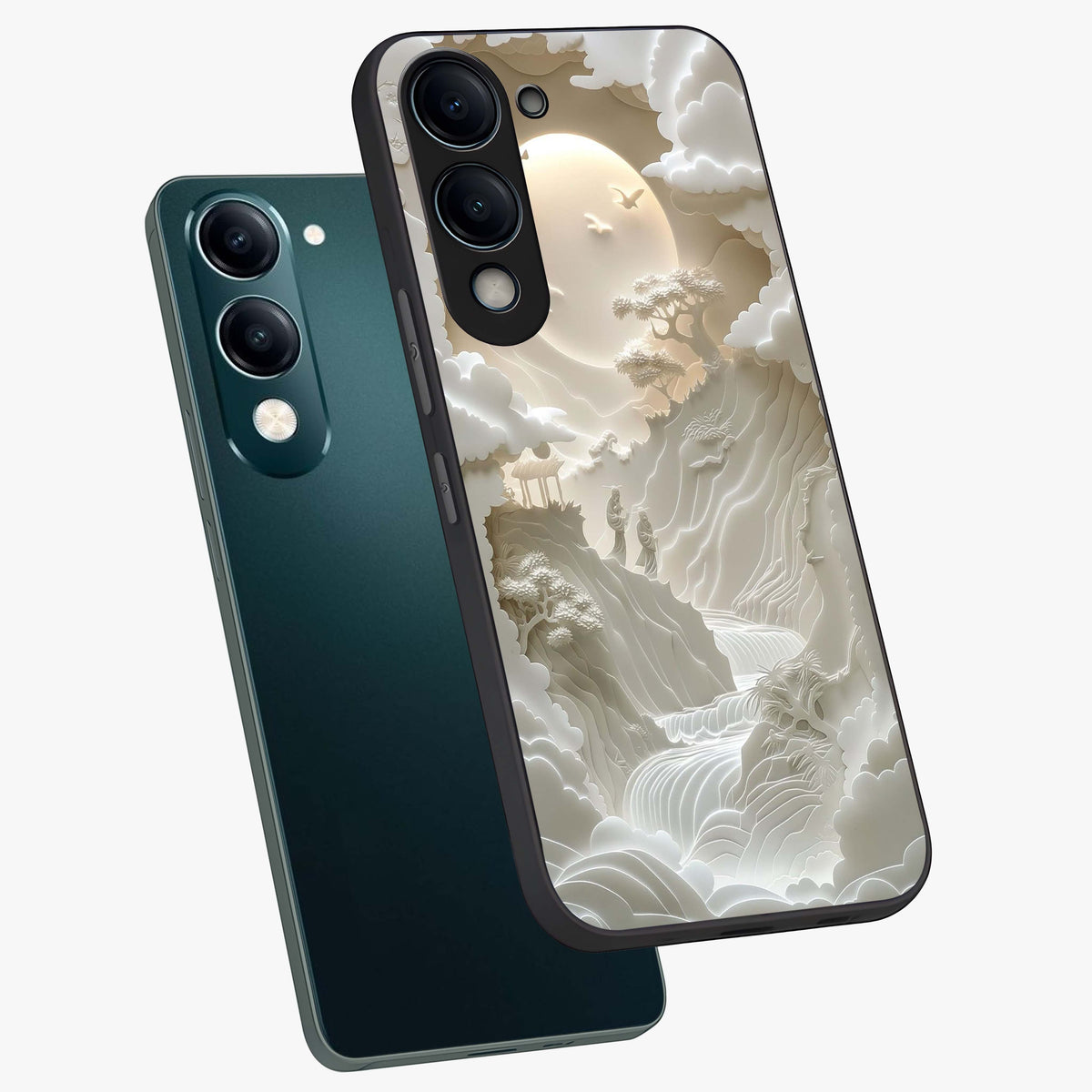 Celestial Origami Glass Case displayed in angled mockup highlighting geometric origami design with cosmic aesthetic theme.