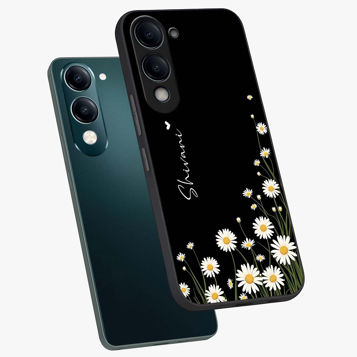 Daisy Cascade Custom Name Glass Case displayed in angled mockup highlighting delicate daisy artwork with custom name feature.
