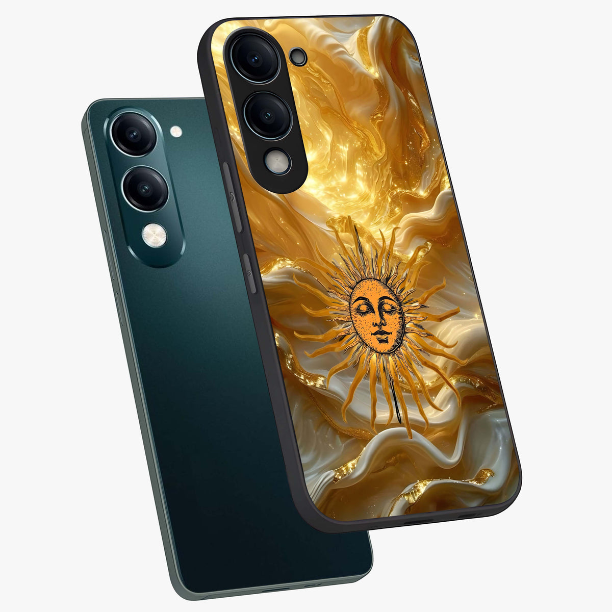 Eternal Golden Glow Glass Case displayed in angled mockup highlighting glowing golden aesthetic design with elegant style.