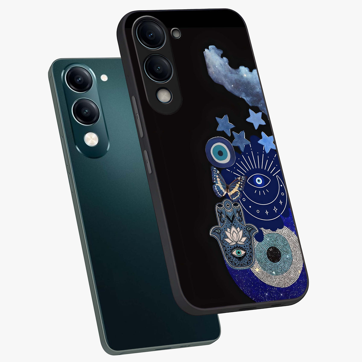 Galactic Charm Cluster Glass Case displayed in angled mockup highlighting luminous galaxy inspired design with dreamy aesthetic.