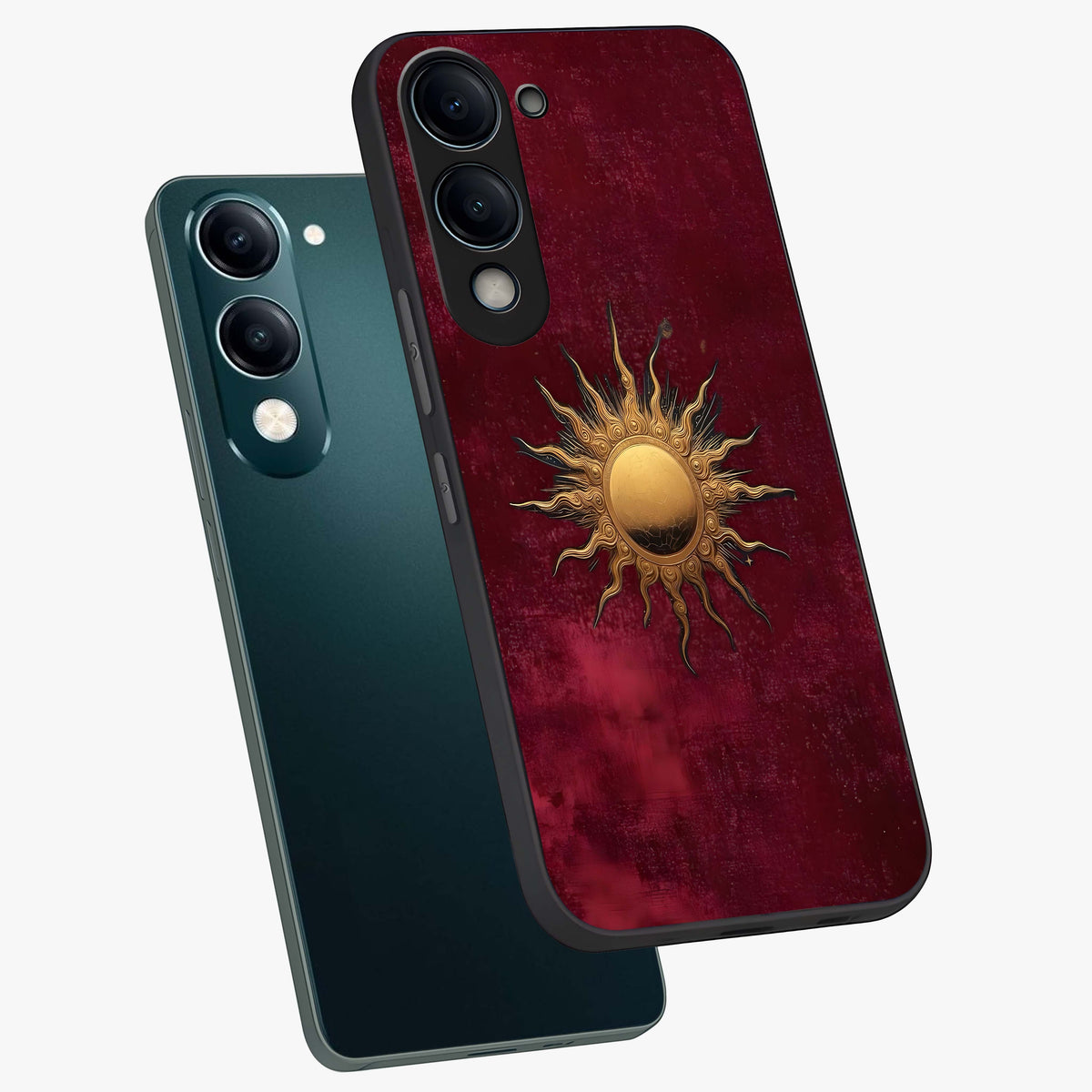 Golden Sun Minimalism Glass Case displayed in angled mockup highlighting clean sun symbol design with modern minimal aesthetic.