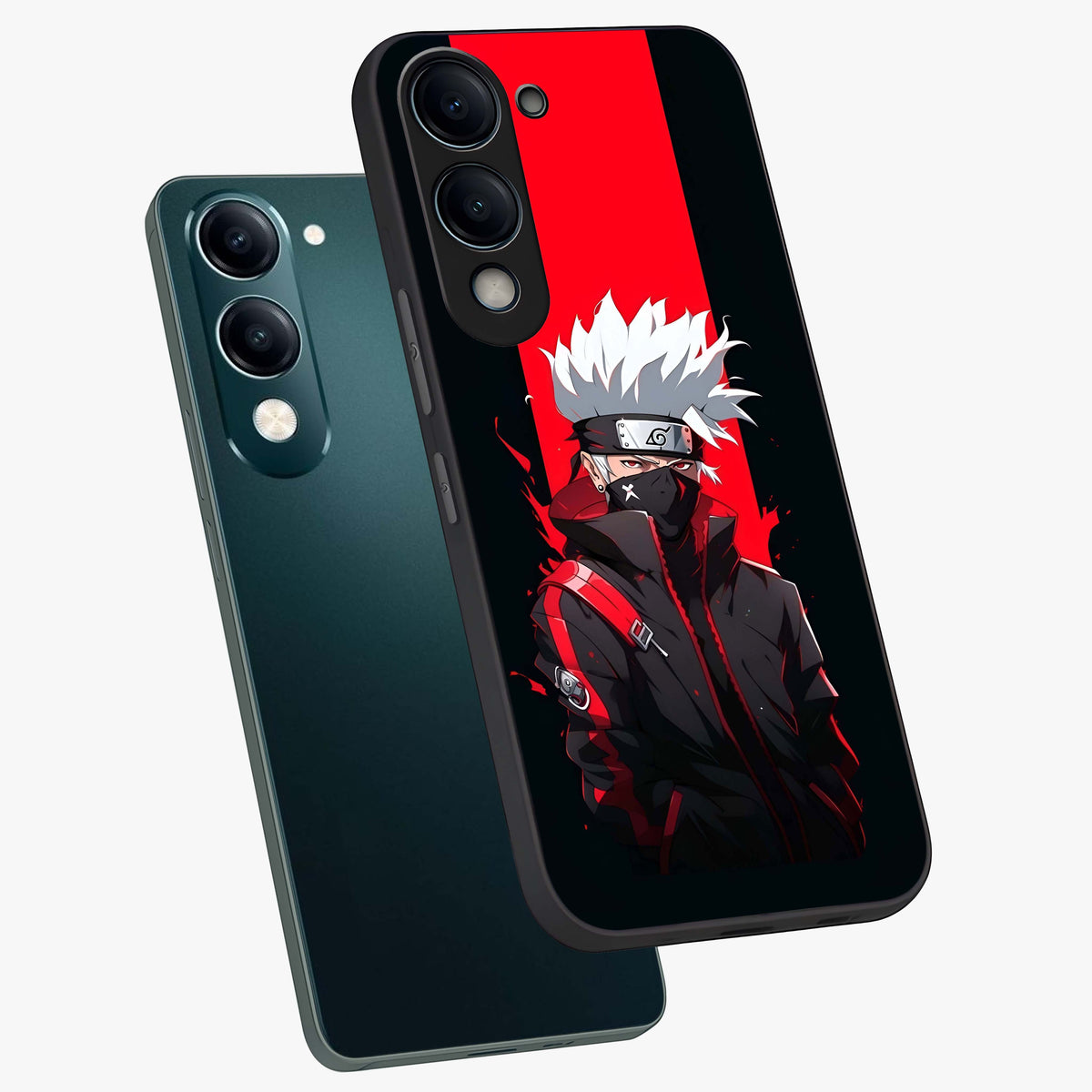 Kakashi Scarlet Shadow Glass Case displayed in angled mockup highlighting dramatic ninja illustration with scarlet themed aesthetic.