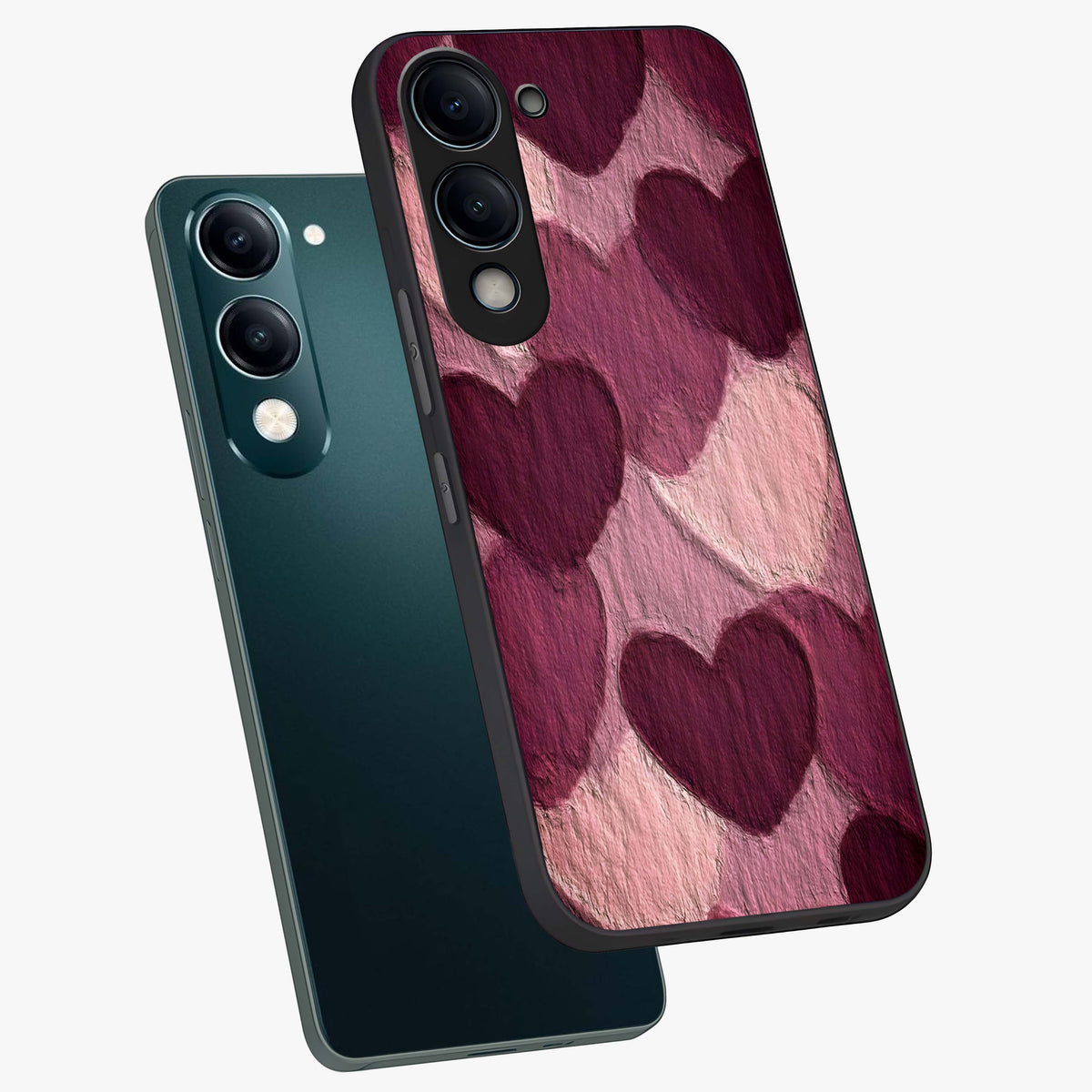 Layered Paper Hearts Glass Case displayed in angled mockup highlighting creative paper craft heart design with romantic aesthetic.