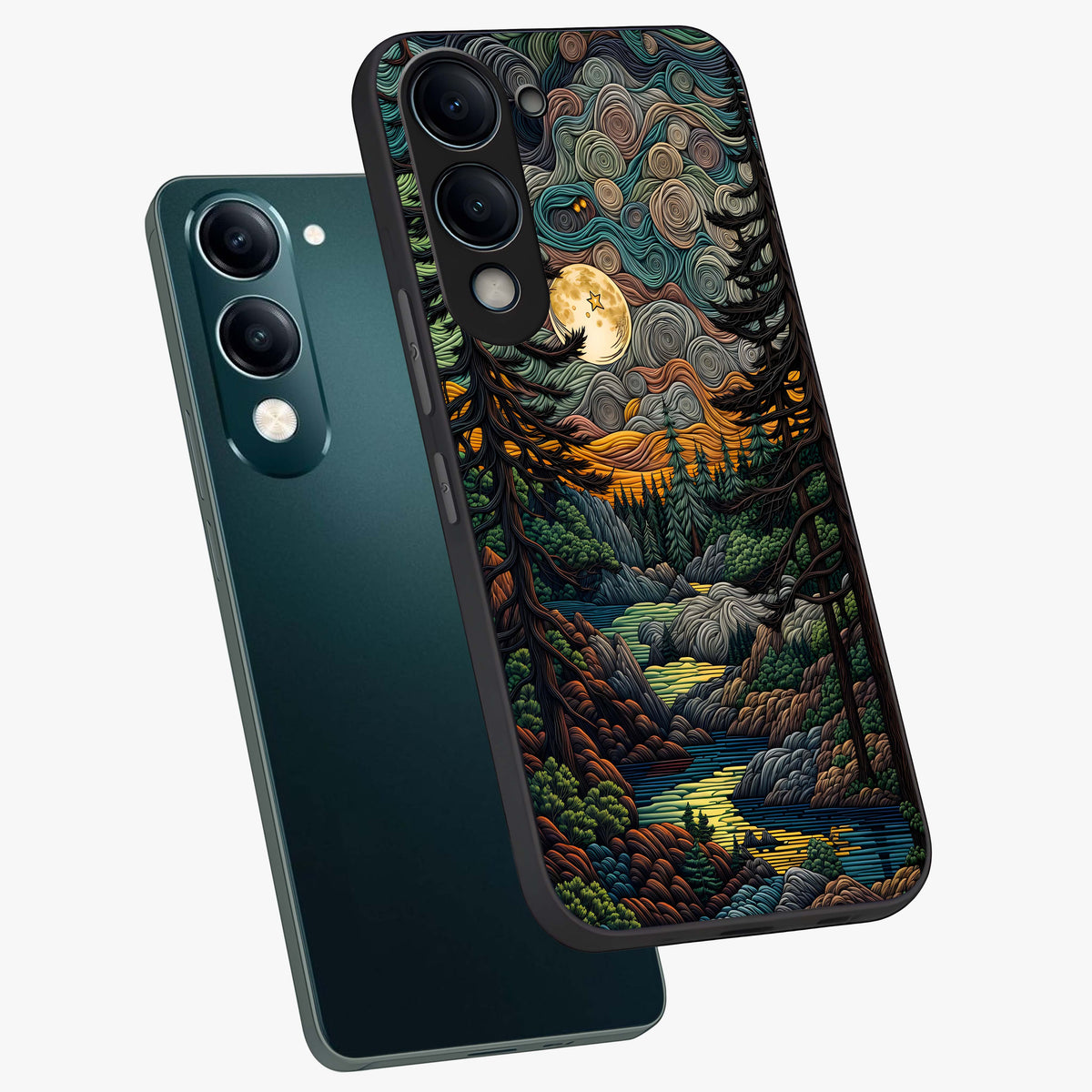 Moonlight Forest Dream Glass Case displayed in angled mockup highlighting dreamy forest design with glowing moon aesthetic.