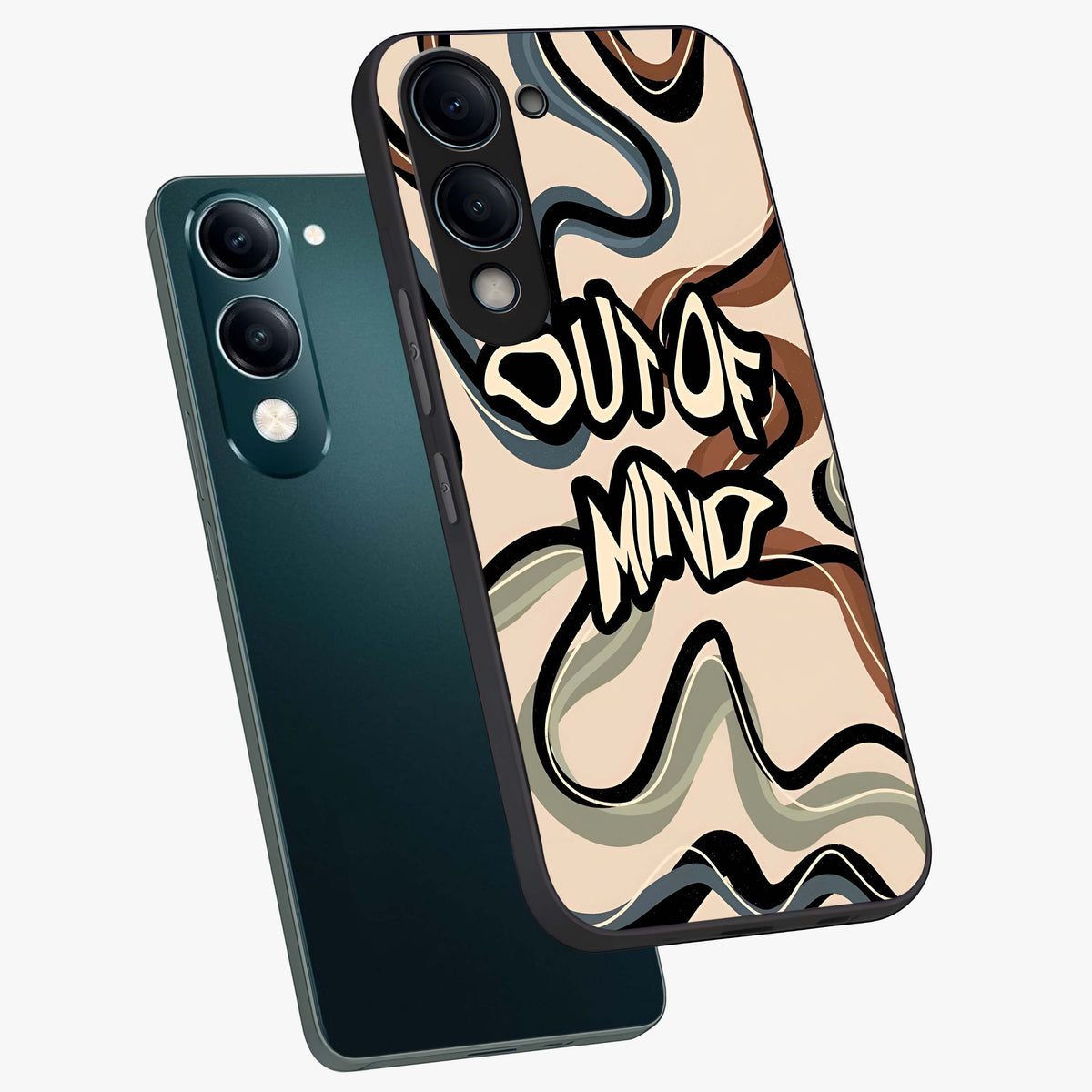 Out Of Mind Glass Case displayed in angled mockup highlighting bold statement design with modern artistic aesthetic.