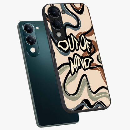 Out Of Mind Glass Case displayed in angled mockup highlighting bold statement design with modern artistic aesthetic.