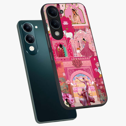 Pink Palace Muse Glass Case displayed in angled mockup highlighting dreamy palace illustration with soft pink aesthetic.