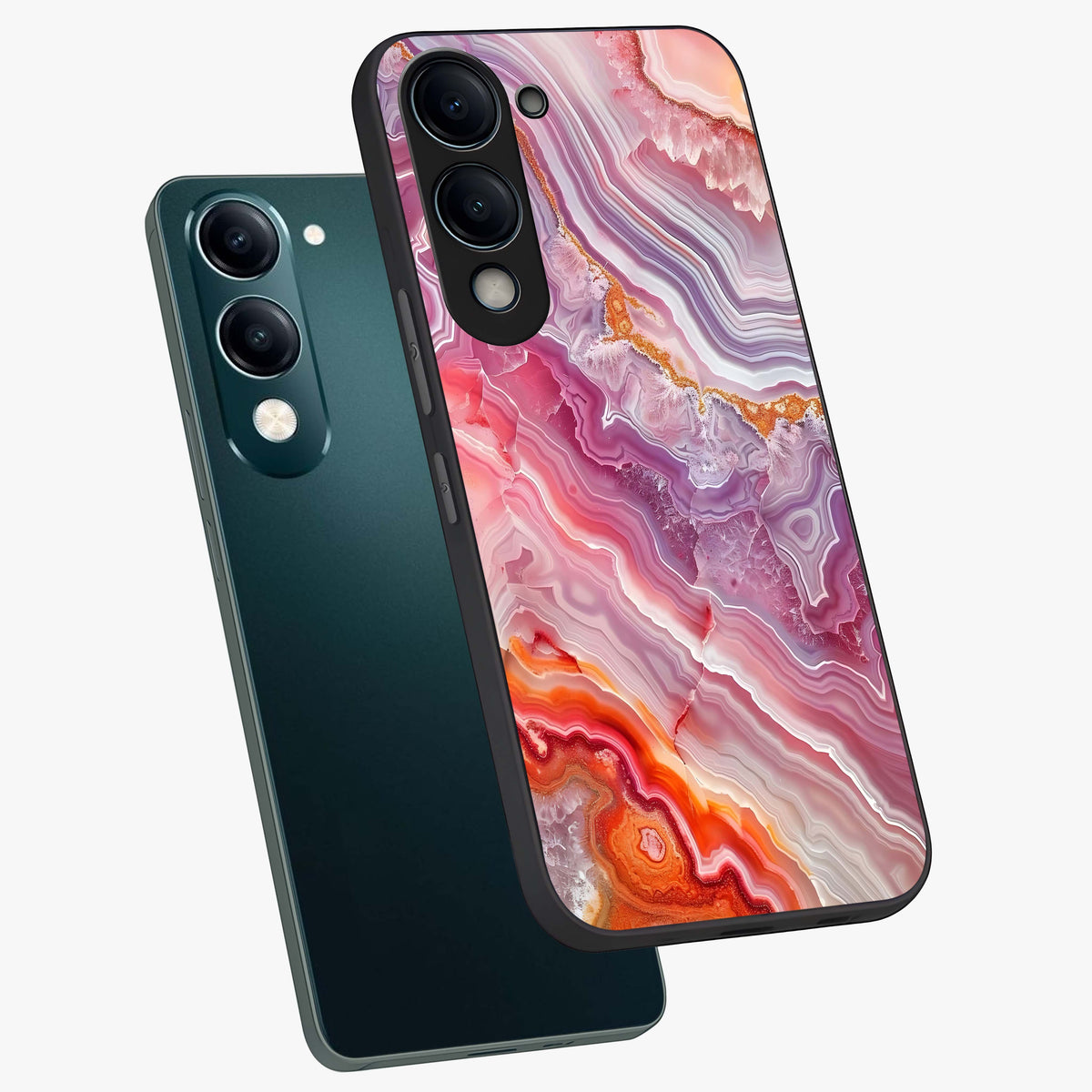 Rose Quartz Marble Glass Case displayed in angled mockup highlighting elegant marble pattern with soft aesthetic style.