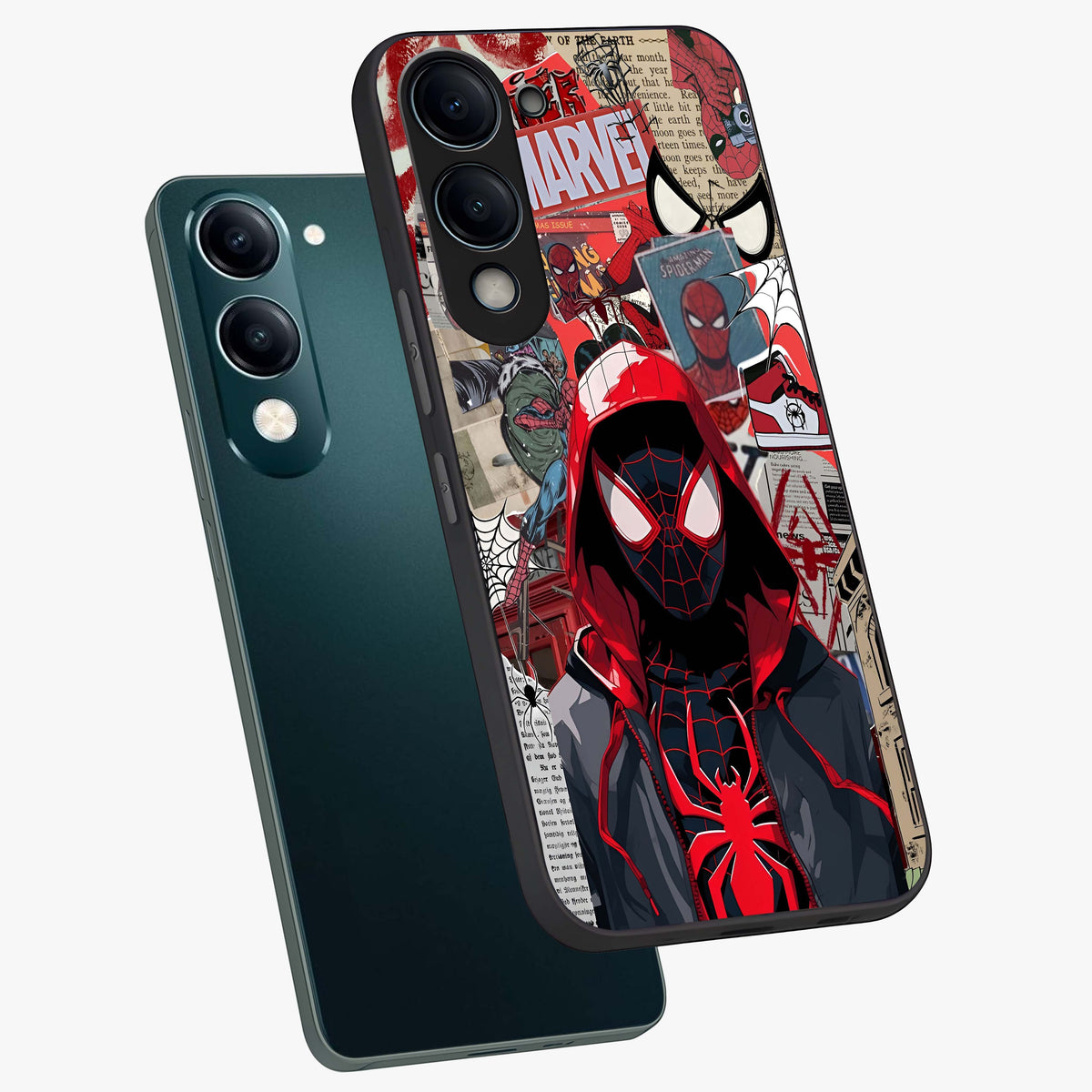 Spider Collage Street Glass Case displayed in angled mockup highlighting dynamic street style collage design with comic aesthetic.