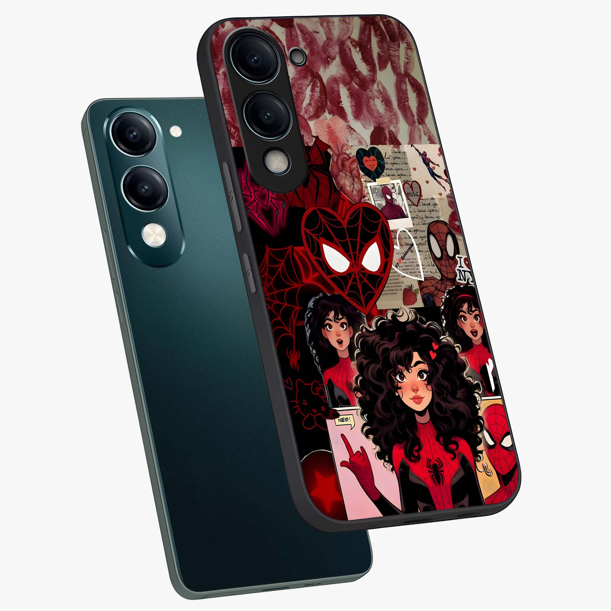 Spider Love Story Glass Case displayed in angled mockup highlighting expressive comic inspired design with playful aesthetic.
