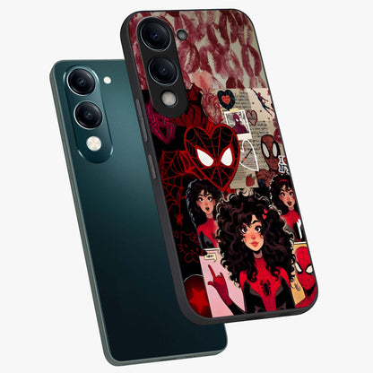 Spider Love Story Glass Case displayed in angled mockup highlighting expressive comic inspired design with playful aesthetic.