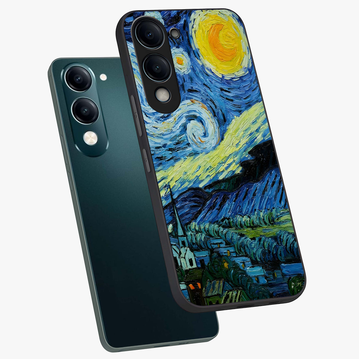 Van Gogh Art Glass Case displayed in angled mockup highlighting swirling brushstroke design with artistic aesthetic.