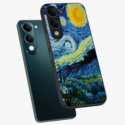 Van Gogh Art Glass Case displayed in angled mockup highlighting swirling brushstroke design with artistic aesthetic.