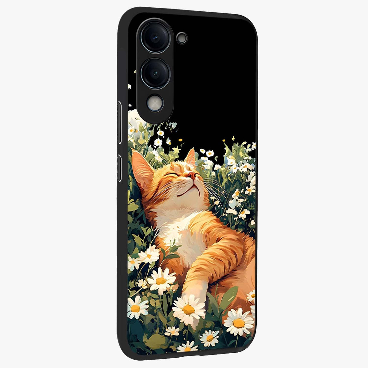 Blissful Bloom Cat Glass Case upright view showcasing charming cat design surrounded by blooming floral elements.