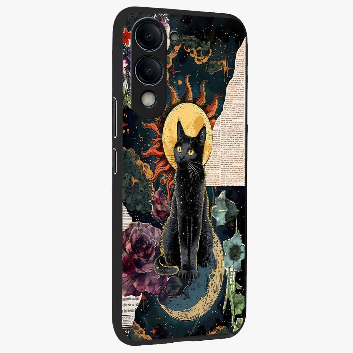 Celestial Black Cat Glass Case upright view showcasing magical black cat illustration with starry cosmic theme.