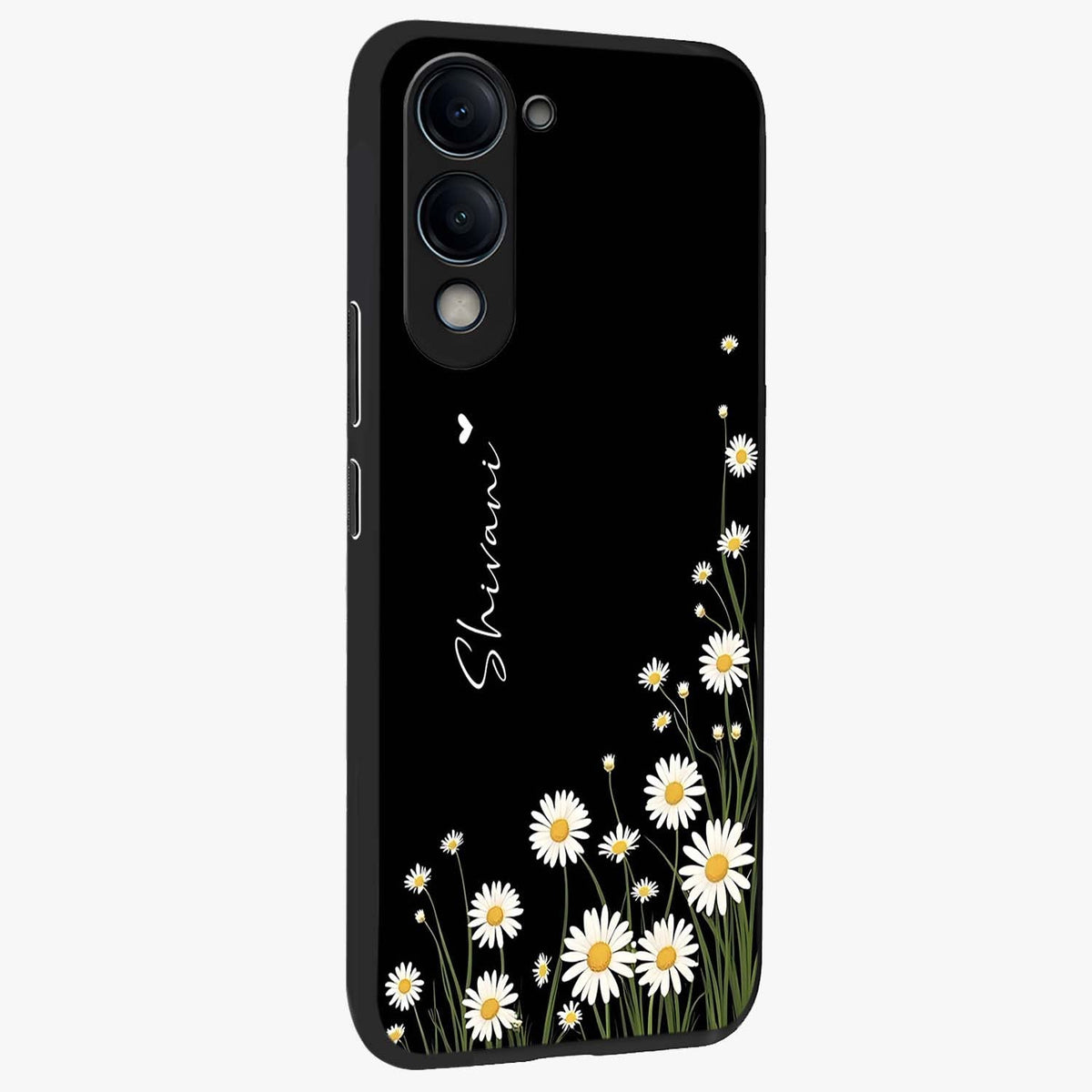 Daisy Cascade Custom Name Glass Case upright view showcasing elegant floral cascade design with personalized aesthetic.