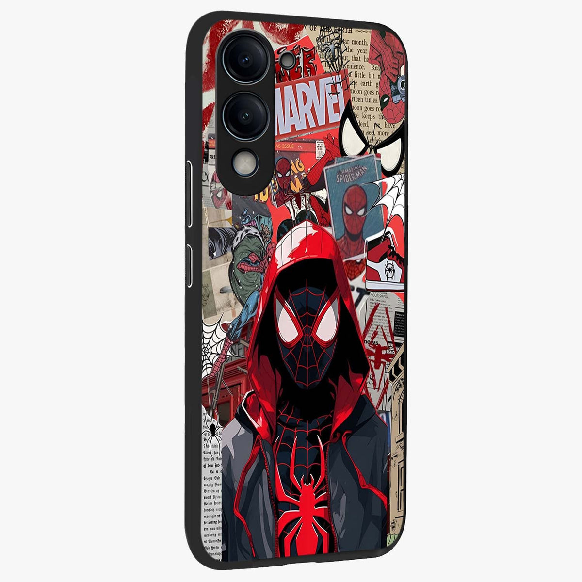Spider Collage Street Glass Case upright view showcasing bold superhero artwork with urban street theme.