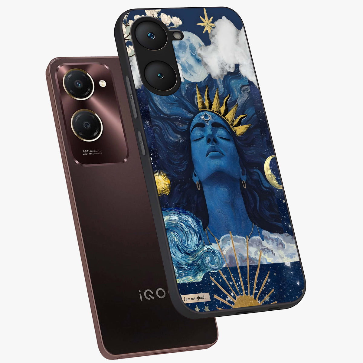 Aesthetic Lord Shiva Glass Case displayed in angled mockup highlighting spiritual Shiva illustration and sacred aesthetic design.