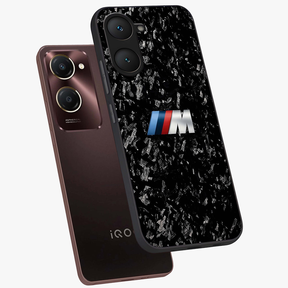 Carbon Speed Mark Glass Case displayed in angled mockup highlighting racing inspired carbon design and sleek aesthetic style.