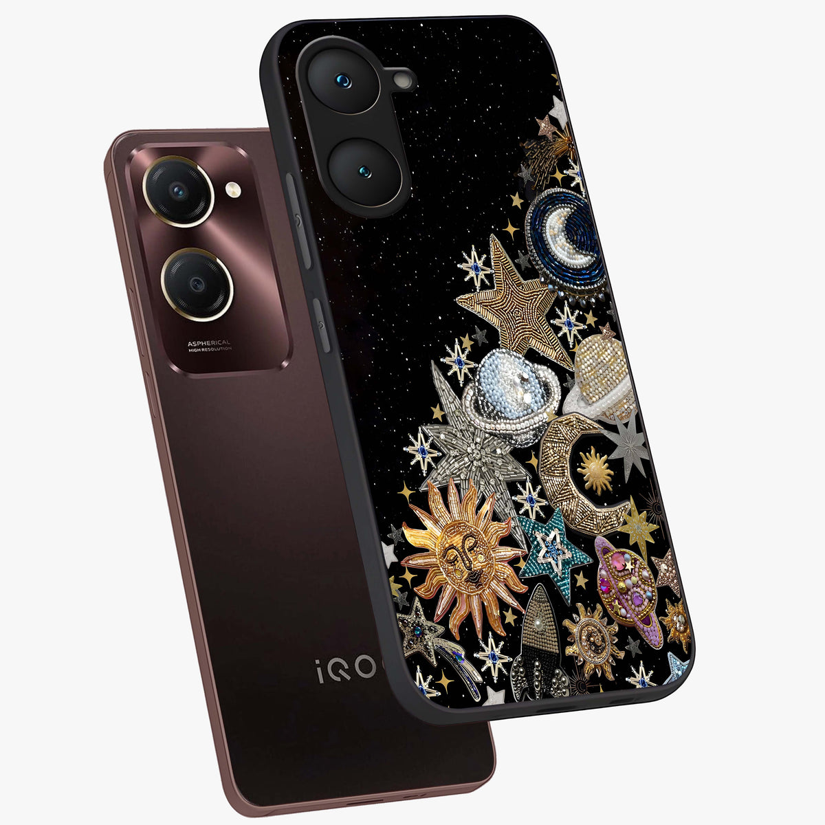 Cosmic Sparkle Dreams Glass Case displayed in angled mockup highlighting dreamy star sparkle design with celestial aesthetic.