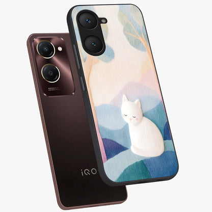 Cotton Dream Cat Glass Case displayed in angled mockup highlighting cute feline illustration with pastel aesthetic style.
