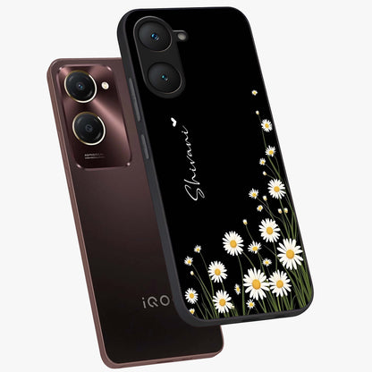 Daisy Cascade Custom Name Glass Case displayed in angled mockup highlighting delicate daisy artwork with custom name feature.