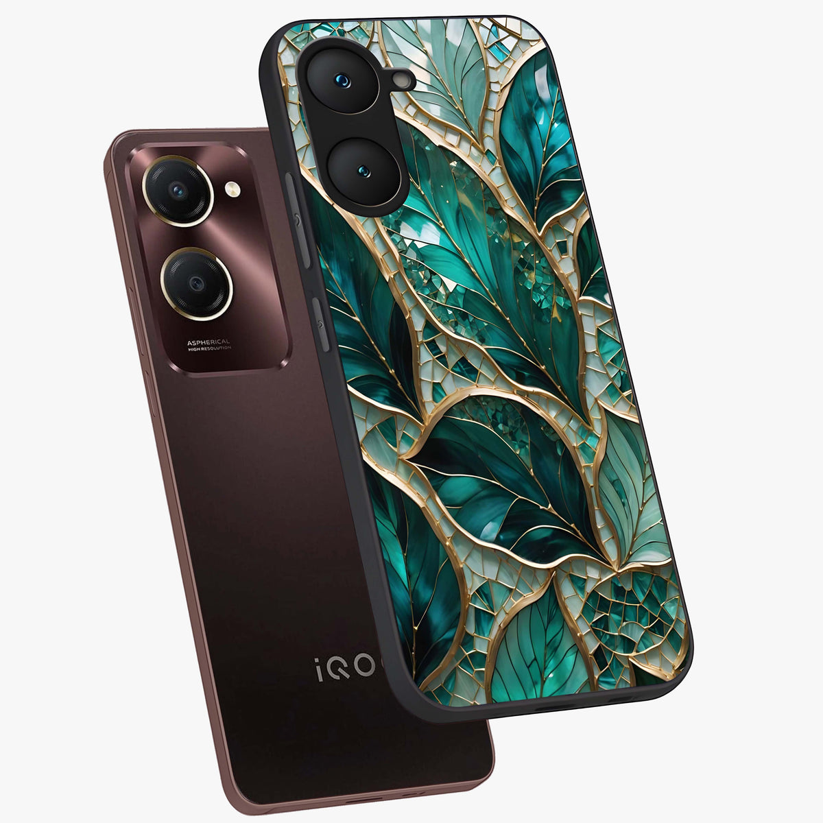 Emerald Leaf Glass Glass Case displayed in angled mockup highlighting botanical leaf illustration with elegant natural aesthetic.