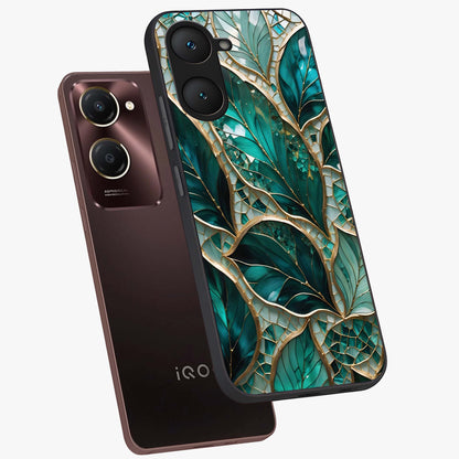 Emerald Leaf Glass Glass Case displayed in angled mockup highlighting botanical leaf illustration with elegant natural aesthetic.