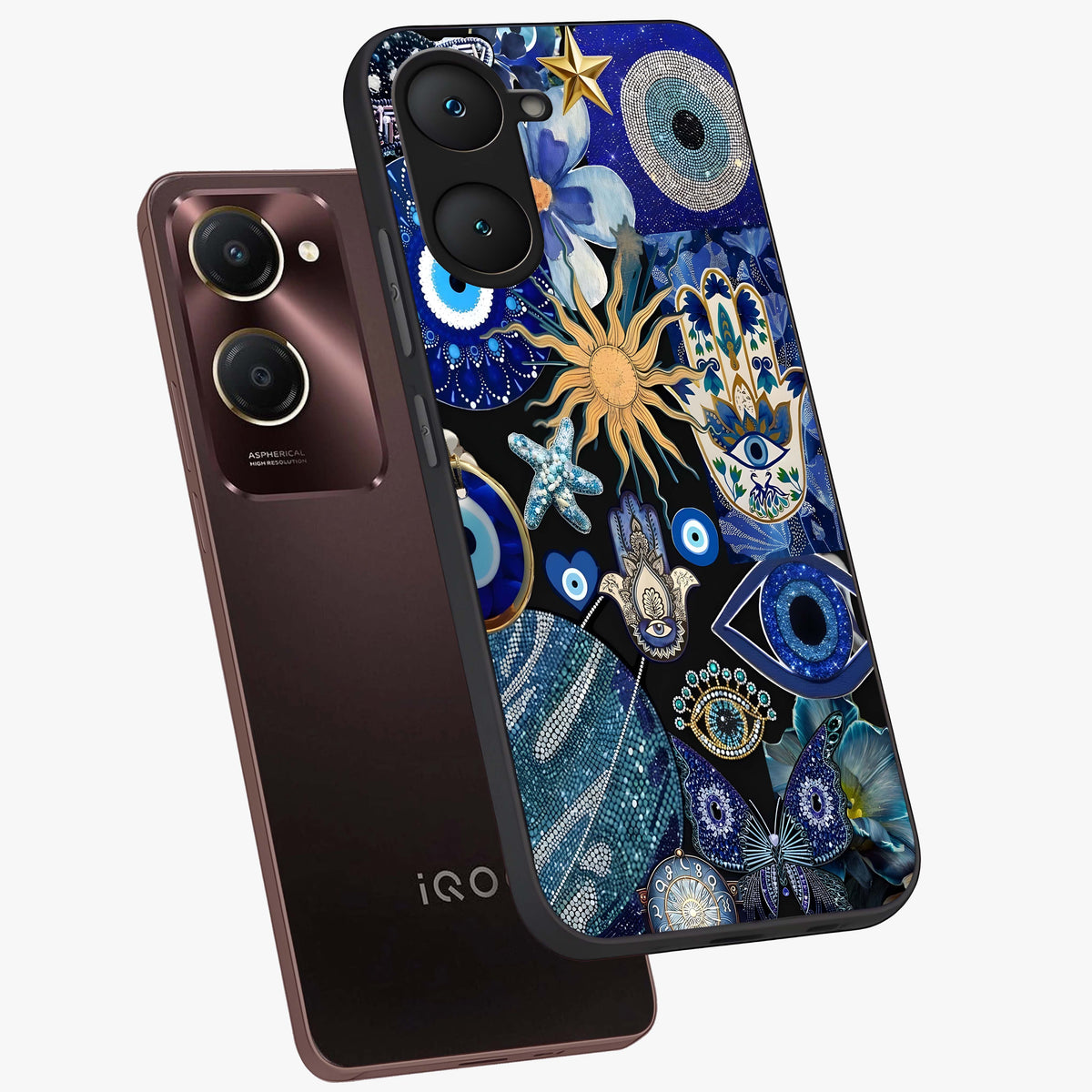 Evil Eye Charm Mix Glass Case displayed in angled mockup highlighting protective evil eye symbols with spiritual aesthetic design.