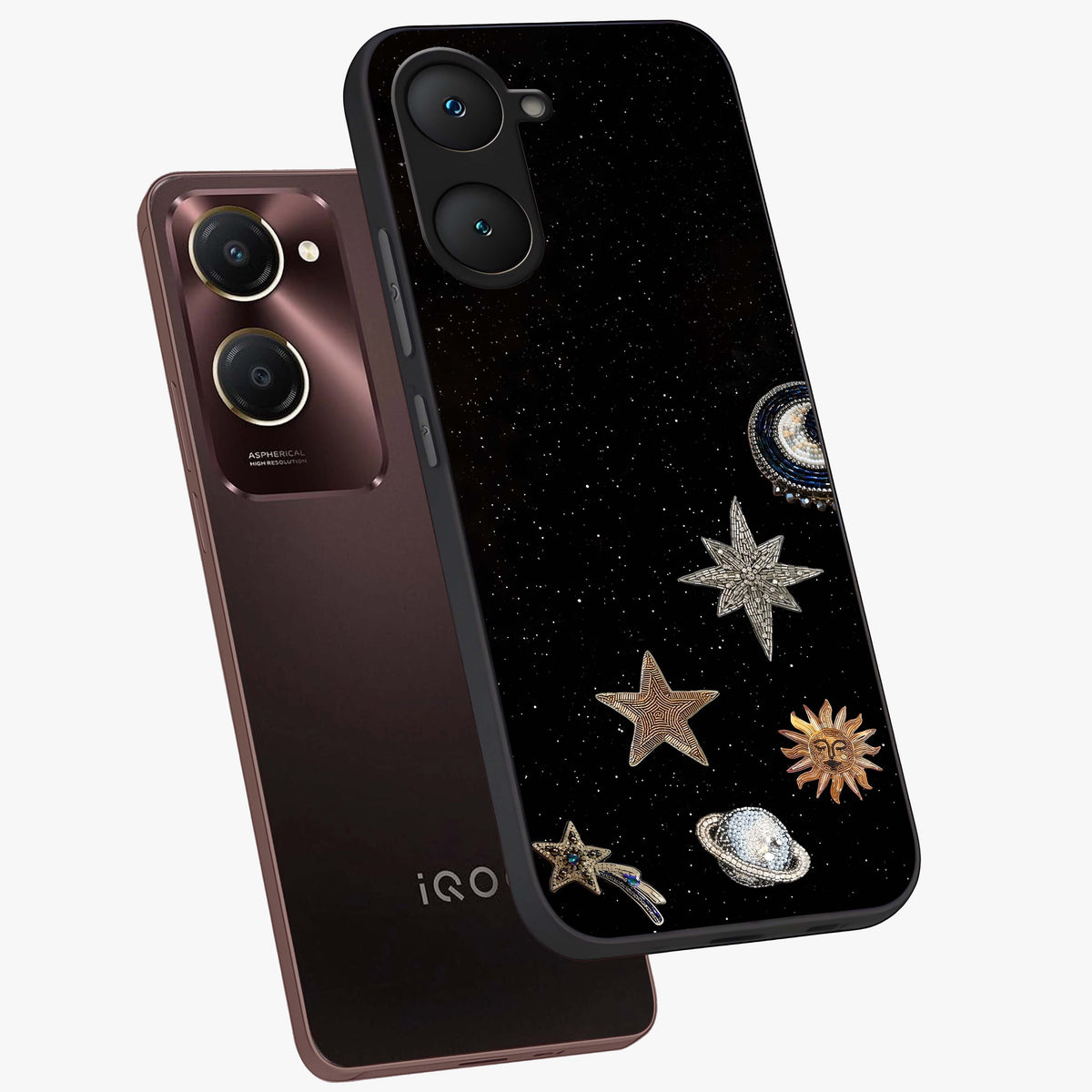 Galactic Charm Glow Glass Case displayed in angled mockup highlighting luminous galaxy inspired design with dreamy aesthetic.