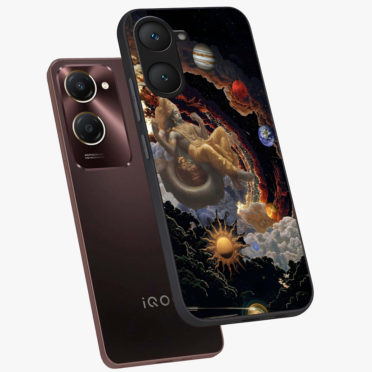 Galactic Divine God Glass Case displayed in angled mockup highlighting powerful celestial deity illustration with galactic aesthetic.