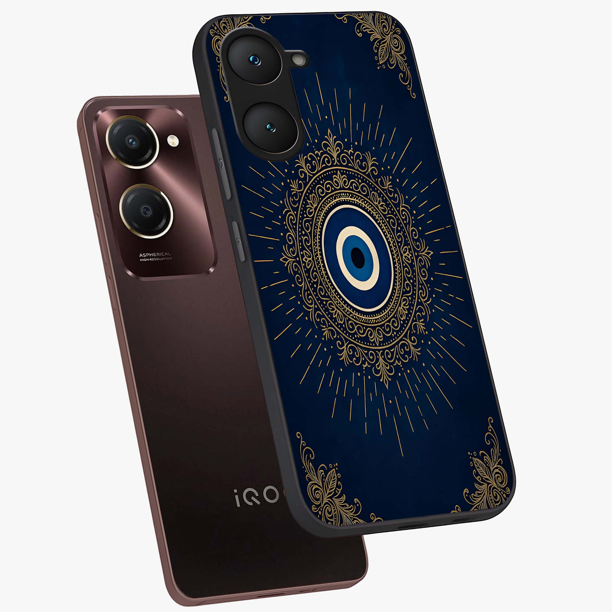 Golden Celestial Charm Glass Case displayed in angled mockup highlighting sparkling cosmic charm design with celestial aesthetic.